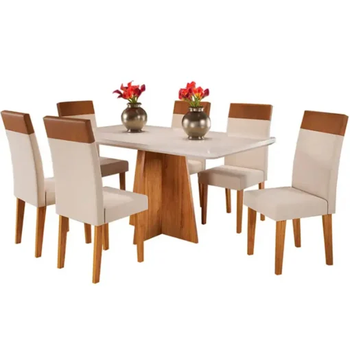 Mesa de Jantar Viena 160x90cm com 6 Cadeiras Turim Tecido Linho Viero