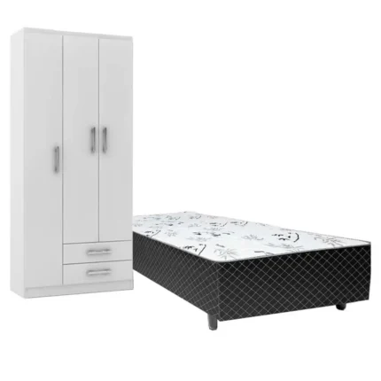 Kit Cama Box Solteiro Ortopédica e Guarda Roupa Treviso Solteiro 3 Portas Evidencia