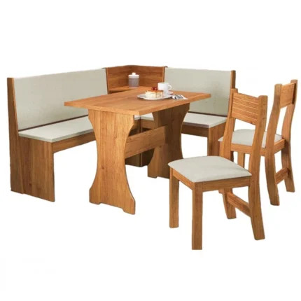 Mesa Canto Alemão Golden Estofado com 2 Cadeiras Tecido Linho Viero