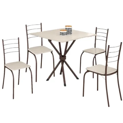 Mesa Rio Tampo Granito 75x75cm Off White com 4 Cadeiras Tubular Marrom Teixeira