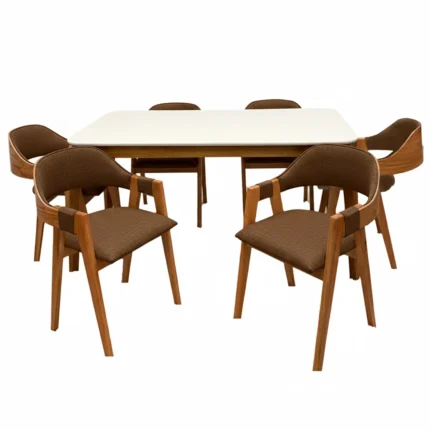 Mesa de Jantar Alegra 160x80cm com Vidro e 6 Cadeiras Perola em Corino Madeira Jcm