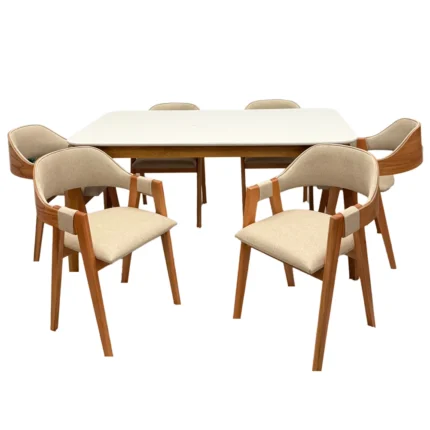 Mesa de Jantar Alegra 160x80cm com Vidro e 6 Cadeiras Perola em Linho Madeira Jcm