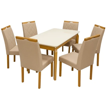 Mesa de Jantar Alegra 180x90cm com Vidro e 6 Cadeiras California em Linho Madeira Jcm