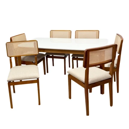 Mesa de Jantar Alegra 180x90cm com Vidro e 6 Cadeiras Canada em Linho Madeira Jcm