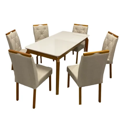 Mesa de Jantar Alegra 180x90cm com Vidro e 6 Cadeiras Jasmim em Veludo Estofadas Jcm
