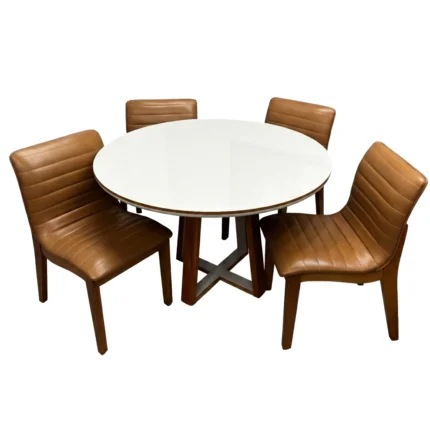 Mesa de Jantar Atlanta 120cm Redonda com Vidro e 4 Cadeiras Sofia em Corino Estofadas Minas Plac