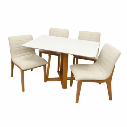 Mesa de Jantar Bali 120x90cm com Vidro e 4 Cadeiras Sofia em Linho Estofadas Minas Plac