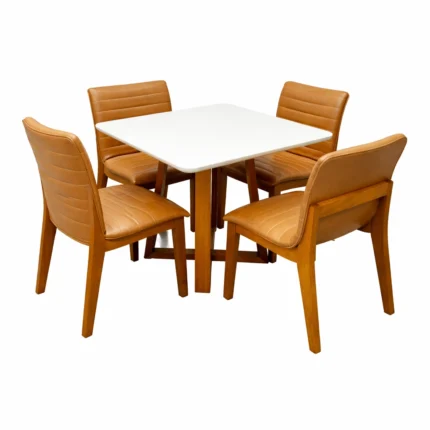 Mesa de Jantar Bali 90x90cm com Vidro e 4 Cadeiras Sofia em Corino Estofadas Minas Plac