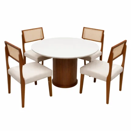 Mesa de Jantar Dara 110cm Redonda com Vidro e 4 Cadeiras Grecia em Linho Madeira Lj Móveis