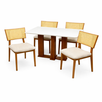 Mesa de Jantar Florença 120x80cm com Vidro e 4 Cadeiras Diamante em Linho Madeira Lj Móveis