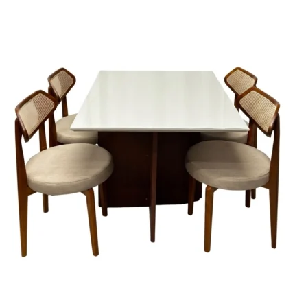 Mesa de Jantar Helo 120x90cm com Vidro e 4 Cadeiras Athenas em Linho Madeira Poliman