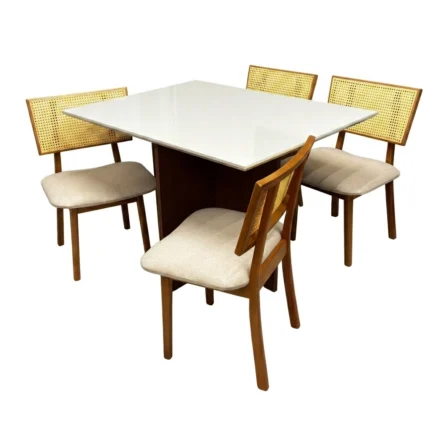 Mesa de Jantar Helo 120x90cm com Vidro e 4 Cadeiras Diamante em Linho Madeira Poliman