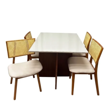 Mesa de Jantar Helo 120x90cm com Vidro e 4 Cadeiras Livia em Linho Madeira Poliman