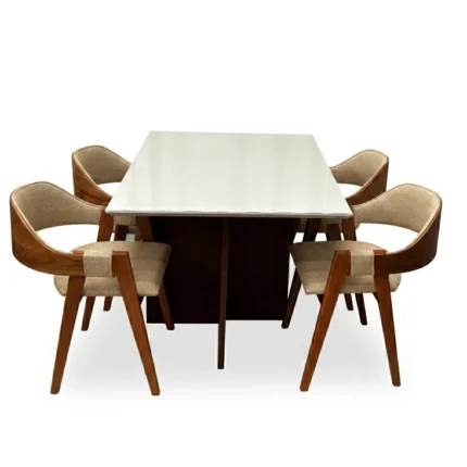 Mesa de Jantar Helo 120x90cm com Vidro e 4 Cadeiras Perola em Linho Madeira Poliman