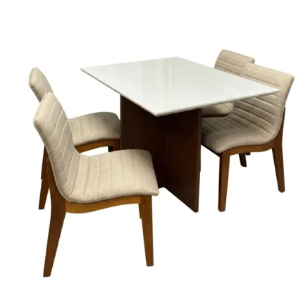 Mesa de Jantar Helo 120x90cm com Vidro e 4 Cadeiras Sofia em Linho Madeira Poliman