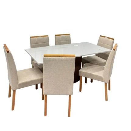 Mesa de Jantar Helo 160x90cm com Vidro e 6 Cadeiras Giulia em Linho Estofadas Poliman