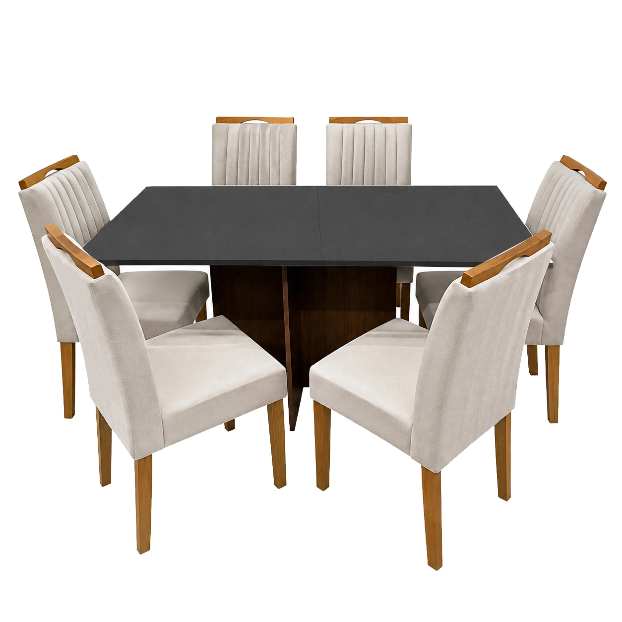 Mesa-de-Jantar-Helo-160x90cm-com-Vidro-e-6-Cadeiras-Marselha-em-Veludo-Estofadas-Poliman-Mel-Grafite-com-Assento-Bege-15489