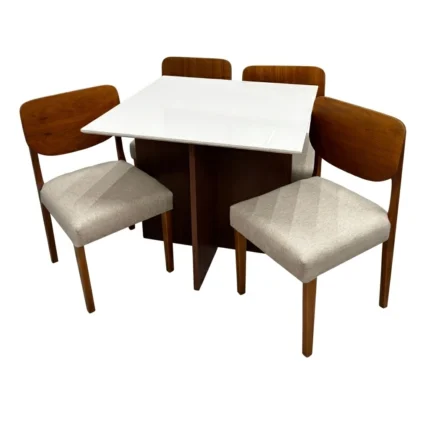 Mesa de Jantar Helo 90x90cm com Vidro e 4 Cadeiras Barcelona em Linho Madeira Poliman