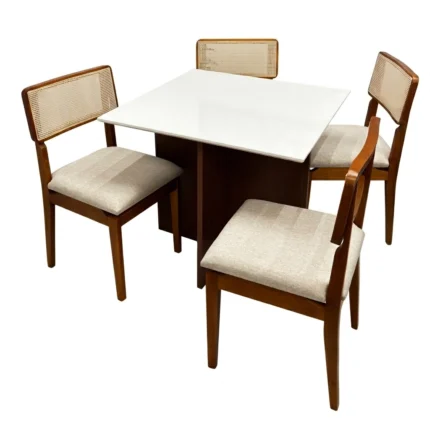 Mesa de Jantar Helo 90x90cm com Vidro e 4 Cadeiras Canada em Linho Madeira Poliman