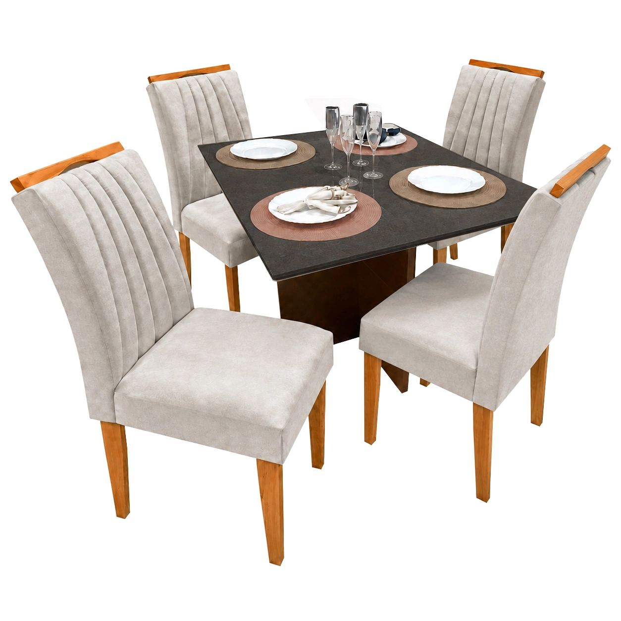 Mesa-de-Jantar-Helo-90x90cm-com-Vidro-e-4-Cadeiras-Marselha-em-Veludo-Estofadas-Poliman-Mel-Grafite-com-Assento-Bege-76370