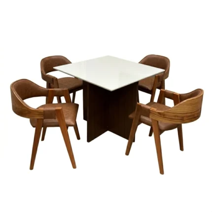 Mesa de Jantar Helo 90x90cm com Vidro e 4 Cadeiras Perola em Corino Madeira Poliman