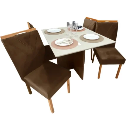 Mesa de Jantar Helo 90x90cm em Veludo com 4 Cadeiras California Poliman