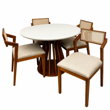 Mesa de Jantar Ilheus Redonda 110cm com 4 Cadeiras Berlim Hr em Linho Madeira Lj Móveis
