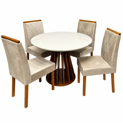 Mesa de Jantar Ilheus Redonda 110cm com 4 Cadeiras California em Linho Estofadas Lj Móveis