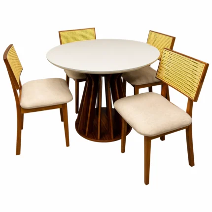 Mesa de Jantar Ilheus Redonda 110cm com 4 Cadeiras Diamante em Linho Madeira Lj Móveis