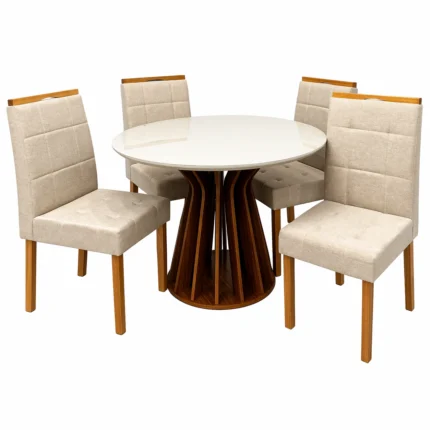 Mesa de Jantar Ilheus Redonda 110cm com 4 Cadeiras Giulia em Linho Estofadas Lj Móveis