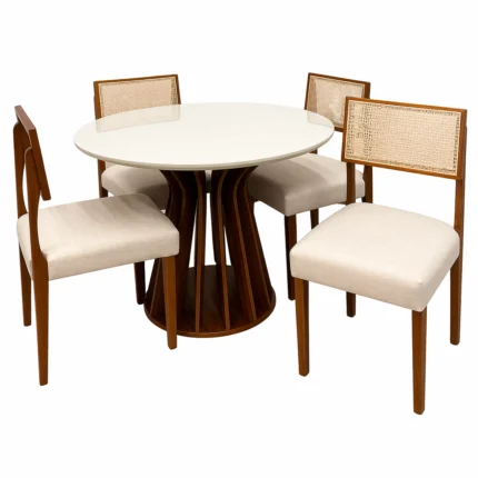 Mesa de Jantar Ilheus Redonda 110cm com 4 Cadeiras Grecia em Linho Madeira Lj Móveis
