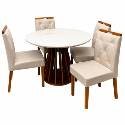 Mesa de Jantar Ilheus Redonda 110cm com 4 Cadeiras Jasmim em Veludo Estofadas Lj Móveis