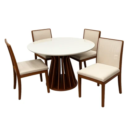 Mesa de Jantar Ilheus Redonda 110cm com 4 Cadeiras Lara Kappesberg em Linho Madeira Lj Móveis