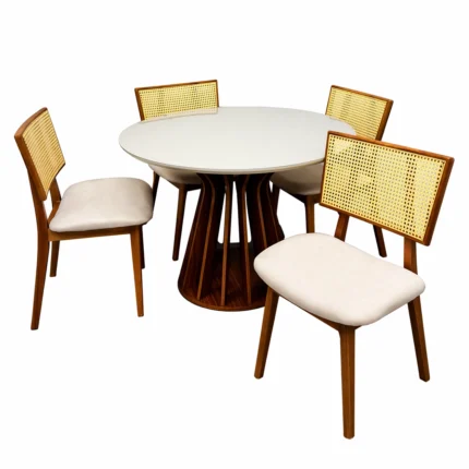 Mesa de Jantar Ilheus Redonda 110cm com 4 Cadeiras Livia em Linho Madeira Lj Móveis