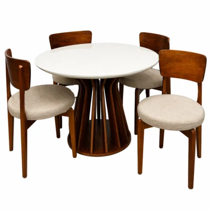 Mesa de Jantar Ilheus Redonda 110cm com 4 Cadeiras Maldivas em Linho Madeira Lj Móveis