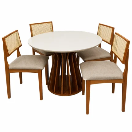 Mesa de Jantar Ilheus Redonda 110cm com 4 Cadeiras Monalisa em Linho Madeira Lj Móveis