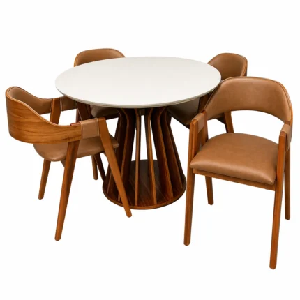 Mesa de Jantar Ilheus Redonda 110cm com 4 Cadeiras Perola em Corino Madeira Lj Móveis
