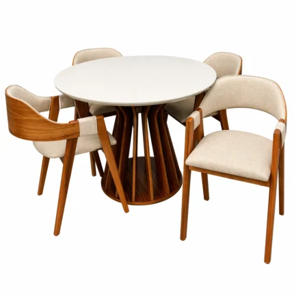 Mesa de Jantar Ilheus Redonda 110cm com 4 Cadeiras Perola em Linho Madeira Lj Móveis