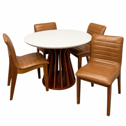 Mesa de Jantar Ilheus Redonda 110cm com 4 Cadeiras Sofia em Corino Madeira Lj Móveis