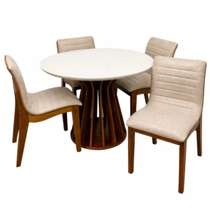 Mesa de Jantar Ilheus Redonda 110cm com 4 Cadeiras Sofia em Linho Madeira Lj Móveis