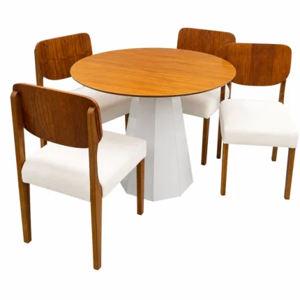 Mesa de Jantar Isis Sem Vidro Redonda 100cm e 4 Cadeiras Barcelona em Linho Madeira New Ceval