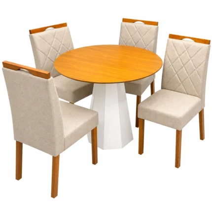Mesa de Jantar Isis Sem Vidro Redonda 100cm e 4 Cadeiras California em Linho Estofadas New Ceval