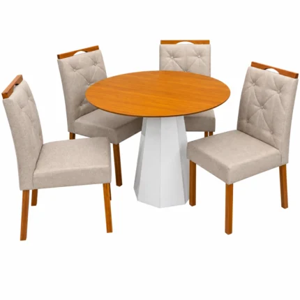 Mesa de Jantar Isis Sem Vidro Redonda 100cm e 4 Cadeiras Jasmim em Linho Estofadas New Ceval