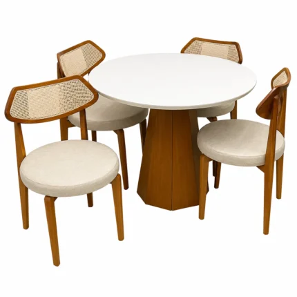 Mesa de Jantar Isis com Vidro Redonda 100cm e 4 Cadeiras Athenas em Linho Madeira New Ceval