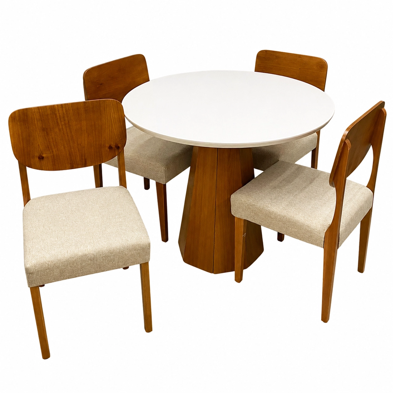 Mesa-de-Jantar-Isis-com-Vidro-Redonda-100cm-e-4-Cadeiras-Barcelona-em-Linho-Madeira-New-Ceval-Ipe-Off-White-com-Tecido-Bege-24535