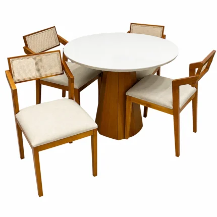 Mesa de Jantar Isis com Vidro Redonda 100cm e 4 Cadeiras Berlim Hr em Linho Madeira New Ceval