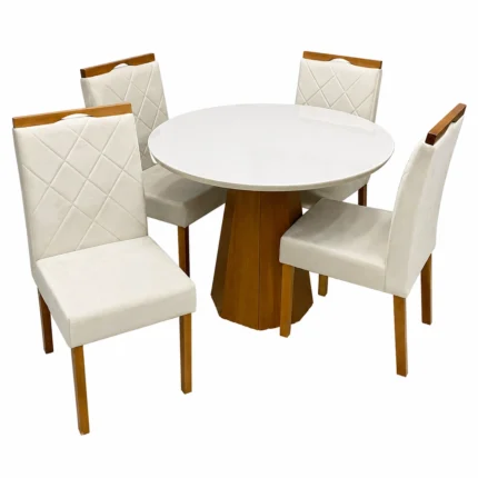 Mesa de Jantar Isis com Vidro Redonda 100cm e 4 Cadeiras California em Linho Estofadas New Ceval