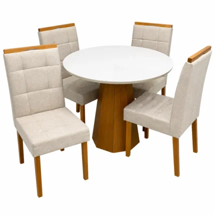 Mesa de Jantar Isis com Vidro Redonda 100cm e 4 Cadeiras Giulia em Linho Estofadas New Ceval