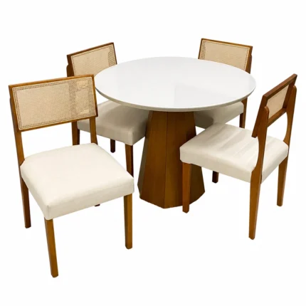 Mesa de Jantar Isis com Vidro Redonda 100cm e 4 Cadeiras Grecia em Linho Madeira New Ceval