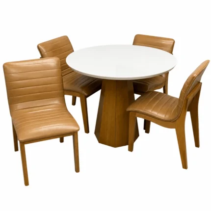 Mesa de Jantar Isis com Vidro Redonda 100cm e 4 Cadeiras Sofia em Corino Madeira New Ceval